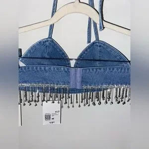 Forever 21 Tops Denim With Rhinestone Fringe Crop Top Never